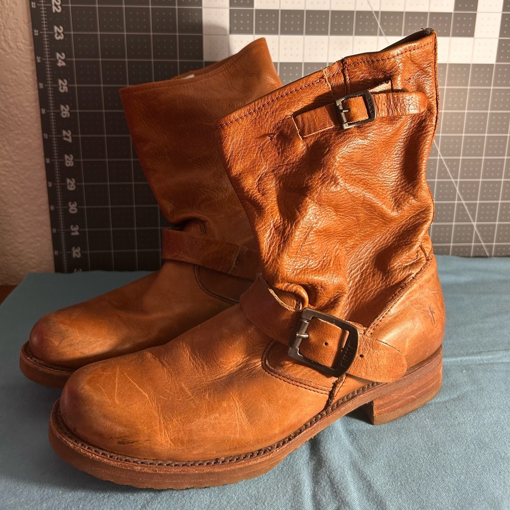 Frye Veronica Short in Whiskey Tan Leather Boots with Buckle